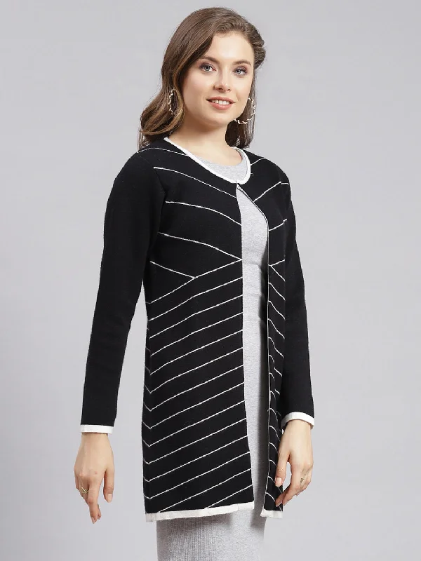 Women Black Stripe Wool blend Cardigan