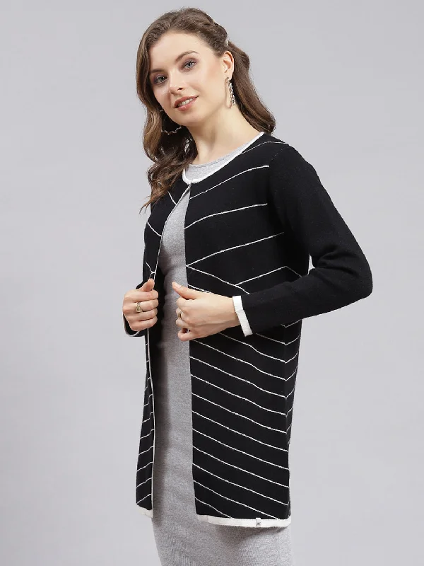 Women Black Stripe Wool blend Cardigan