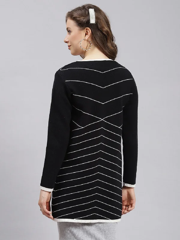 Women Black Stripe Wool blend Cardigan