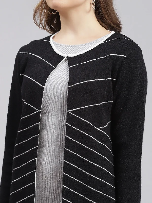 Women Black Stripe Wool blend Cardigan