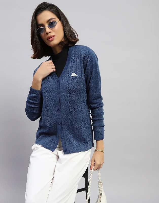 Women Blue Self Design V Neck Full Sleeve Cardigan