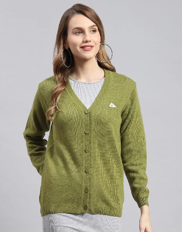 Women Green Solid V Neck Full Sleeve Cardigans