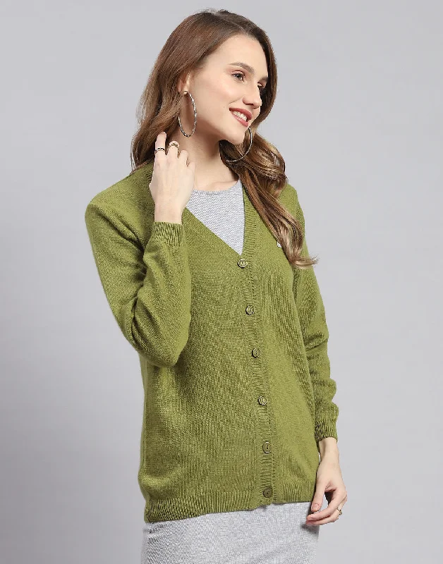 Women Green Solid V Neck Full Sleeve Cardigans