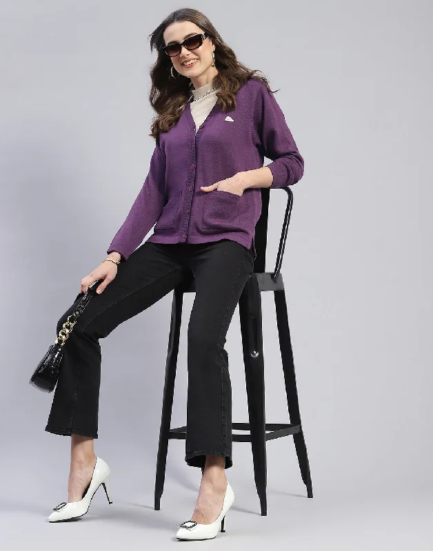 Women Purple Solid V Neck Full Sleeve Cardigan