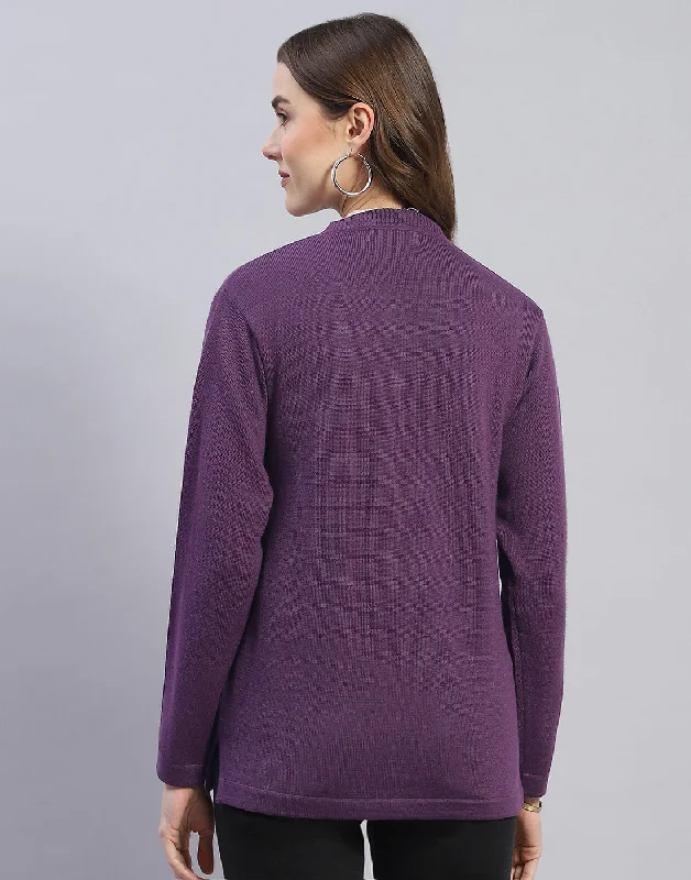 Women Purple Solid V Neck Full Sleeve Cardigan