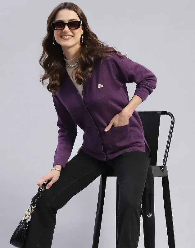 Women Purple Solid V Neck Full Sleeve Cardigan