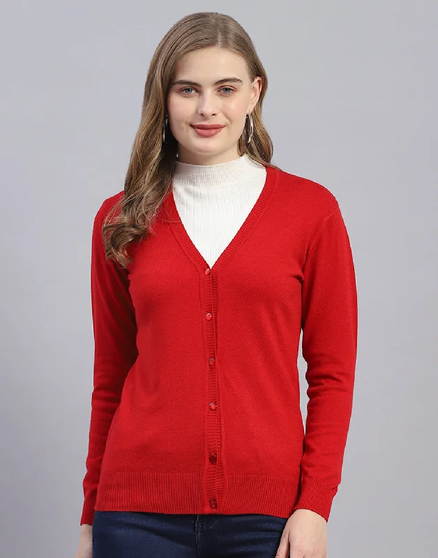 Women Red Solid V Neck Full Sleeve Cardigan