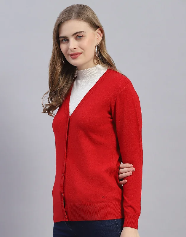 Women Red Solid V Neck Full Sleeve Cardigan