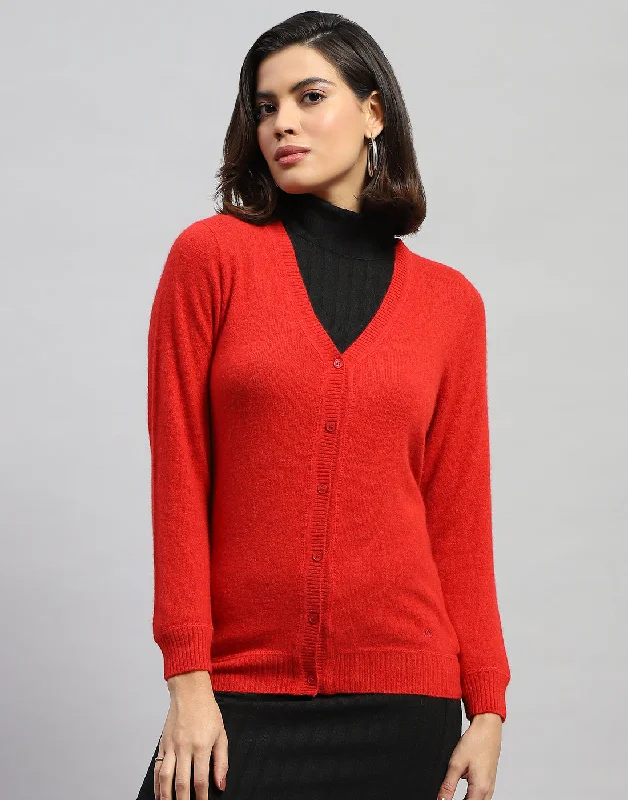 Women Red Solid V Neck Full Sleeve Cardigan