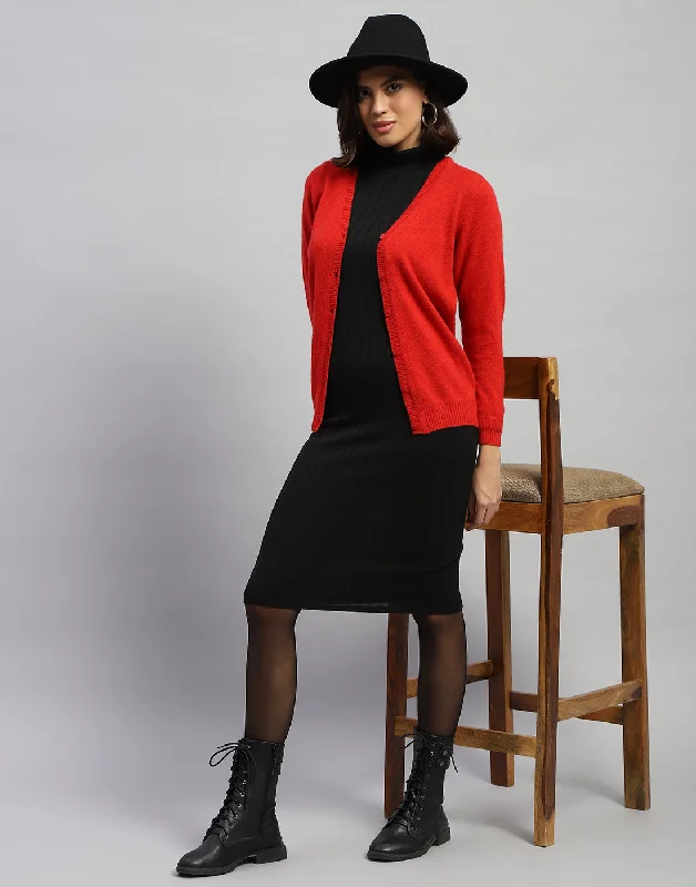 Women Red Solid V Neck Full Sleeve Cardigan