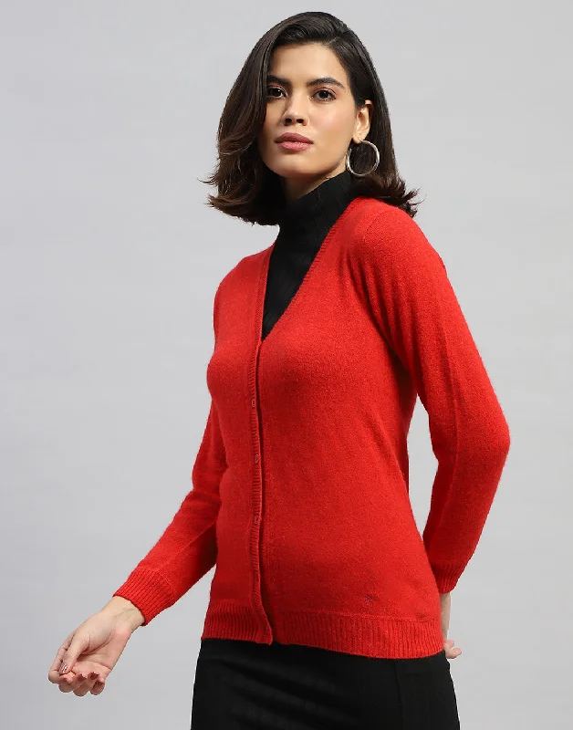 Women Red Solid V Neck Full Sleeve Cardigan