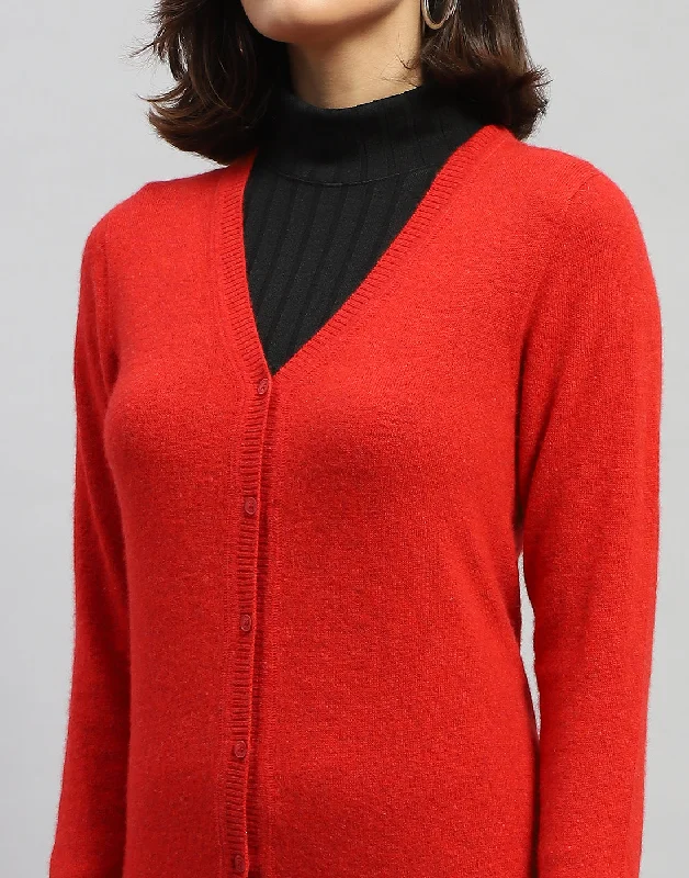 Women Red Solid V Neck Full Sleeve Cardigan