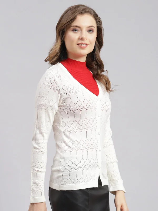 Women White Jaquard Wool blend Cardigan