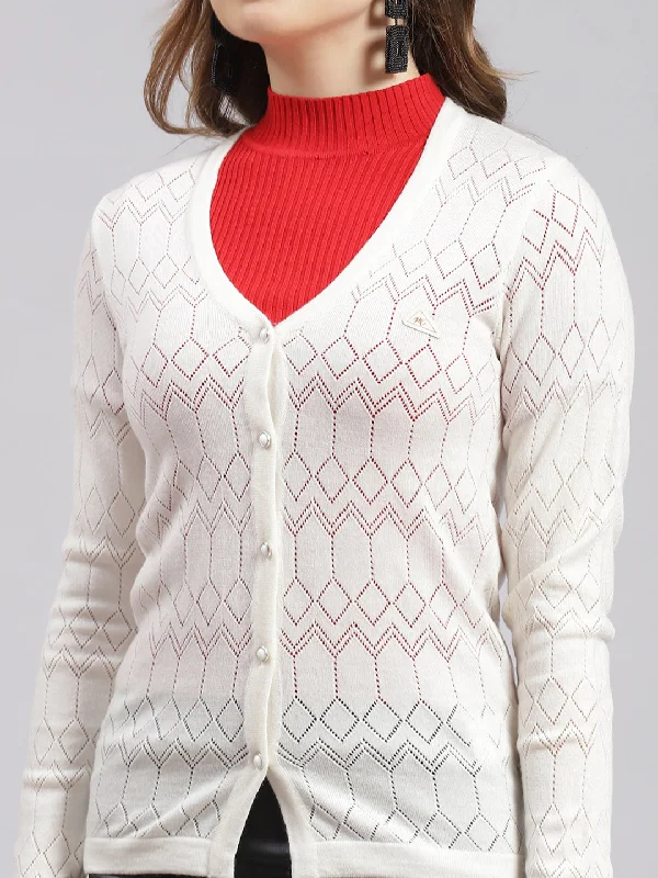 Women White Jaquard Wool blend Cardigan