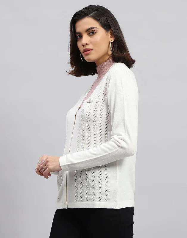 Women White Self Design V Neck Full Sleeve Cardigan