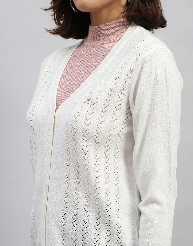 Women White Self Design V Neck Full Sleeve Cardigan